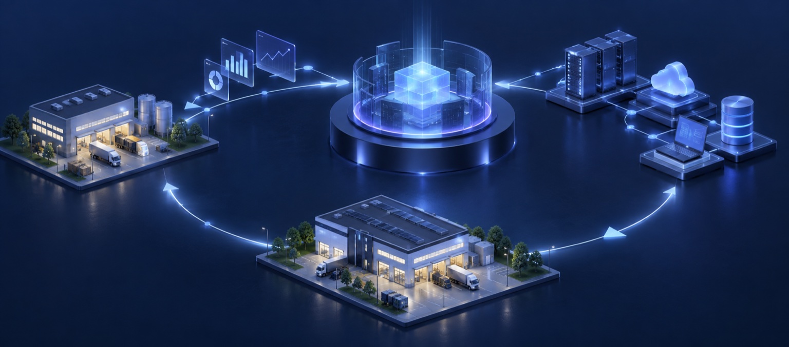 Conceptual SeeWorkCore illustration of operations sending insight to a central technology core and receiving improvements in return.