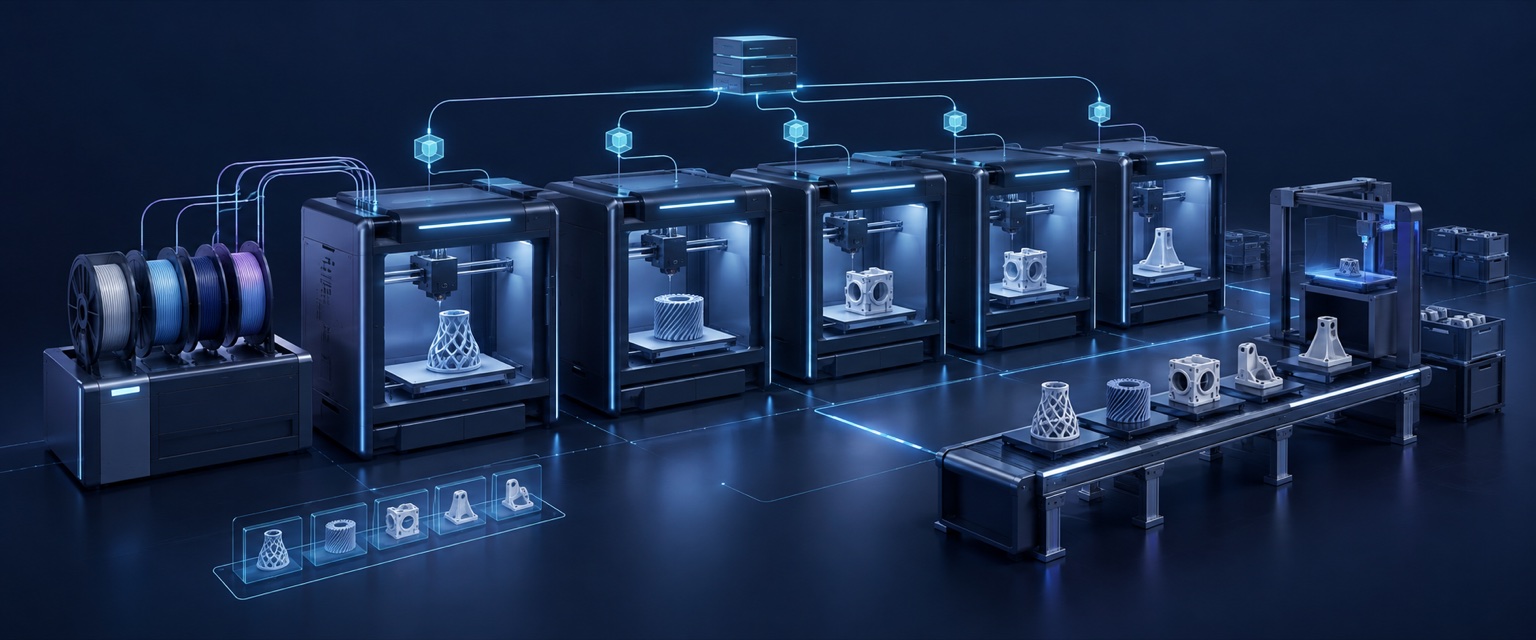 Conceptual SeeWorkCore illustration of connected 3D printers, material supply and a coordinated production queue.